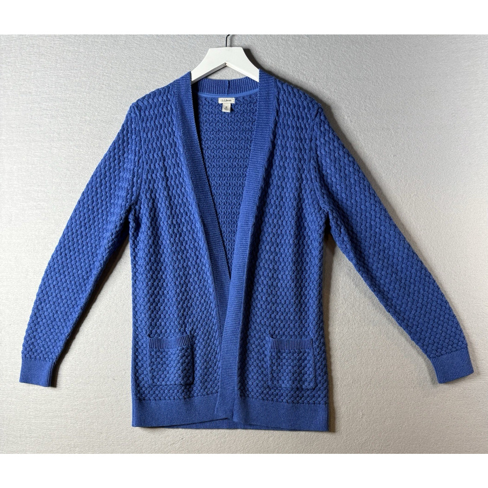 L.L. Bean Open Front Cardigan Sweater Womens Sz M Chunky 100% Cotton‎ Pockets